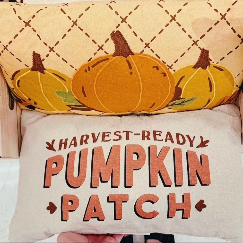 NWT Chambray Printed and Embroidered Pumpkin Patch Lumbar Throw Pillow